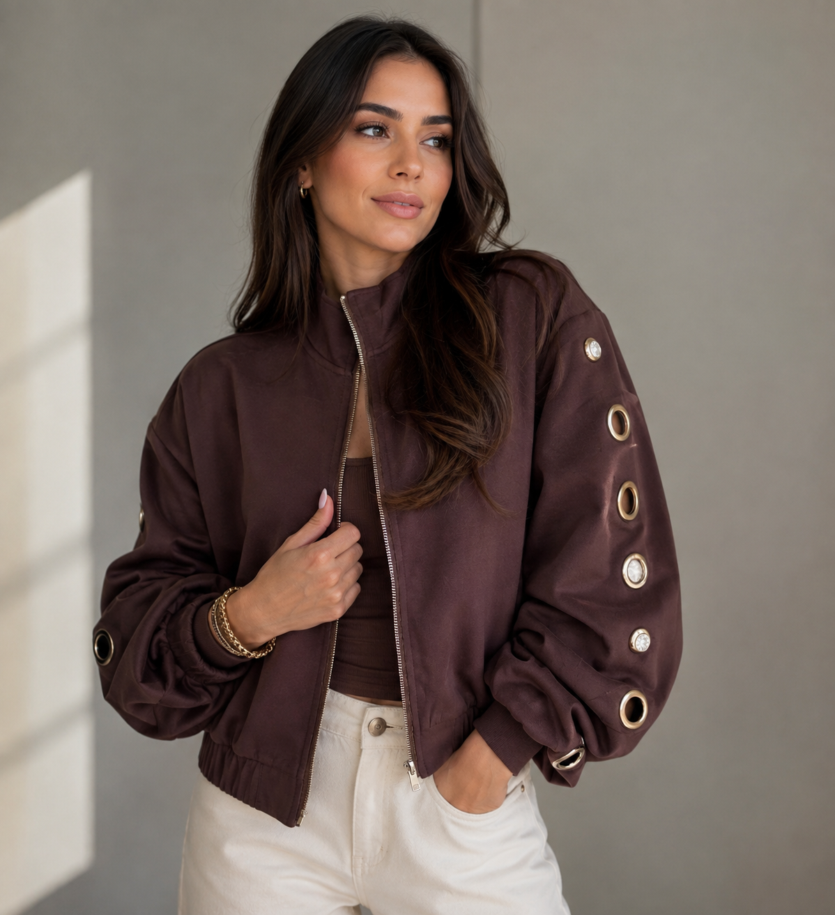 Grommet Detail Sweat Cocoa Jacket