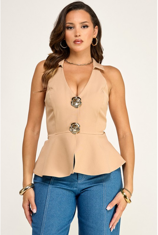 Flower Button Peplum Vest Top