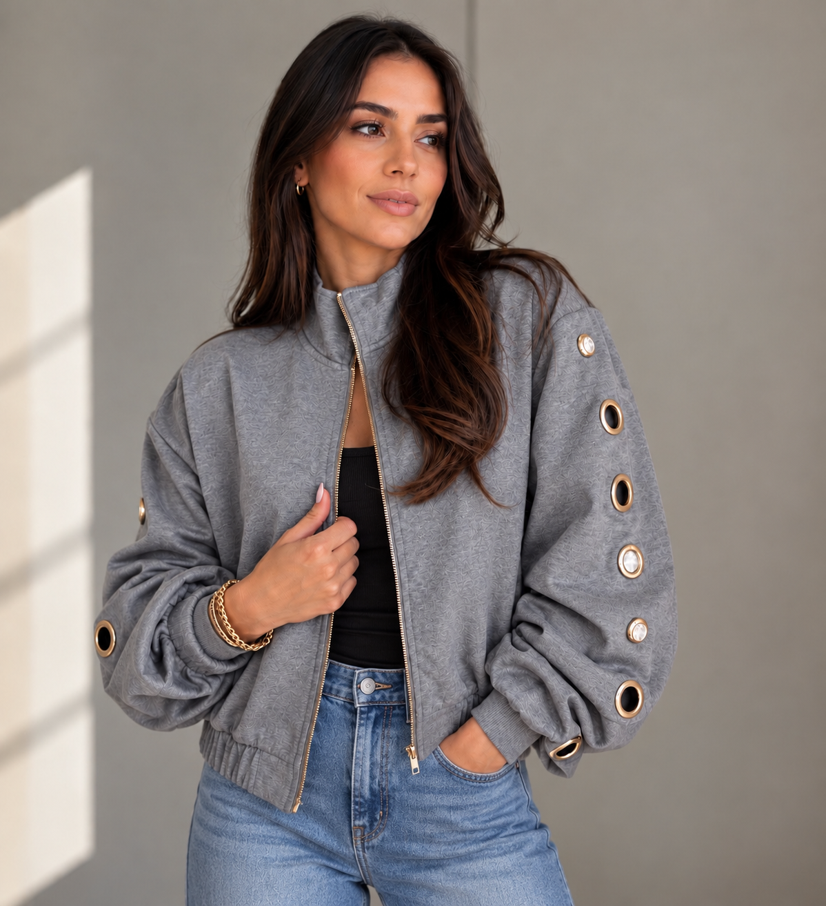 Grommet Detail Grey Jacket